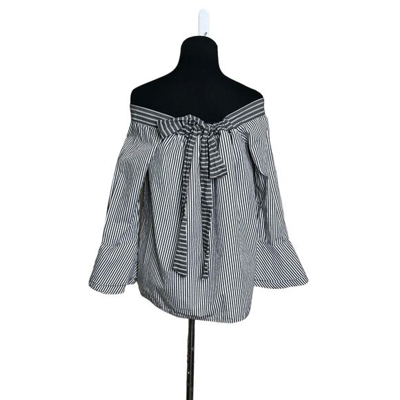Loft gray white stripes off shoulder 3/4 sleeves blouse size small - Picture 8 of 13